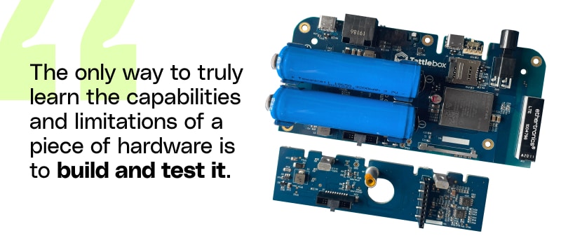 IoT device prototype with quote about testing it